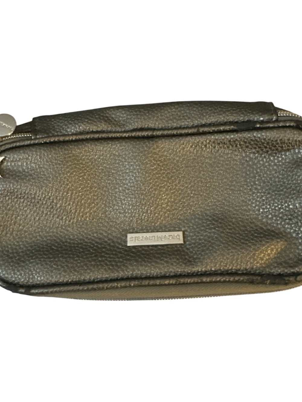 bareMinerals pebbled gray leather Cosmetic Bag silver charms holds brushes
